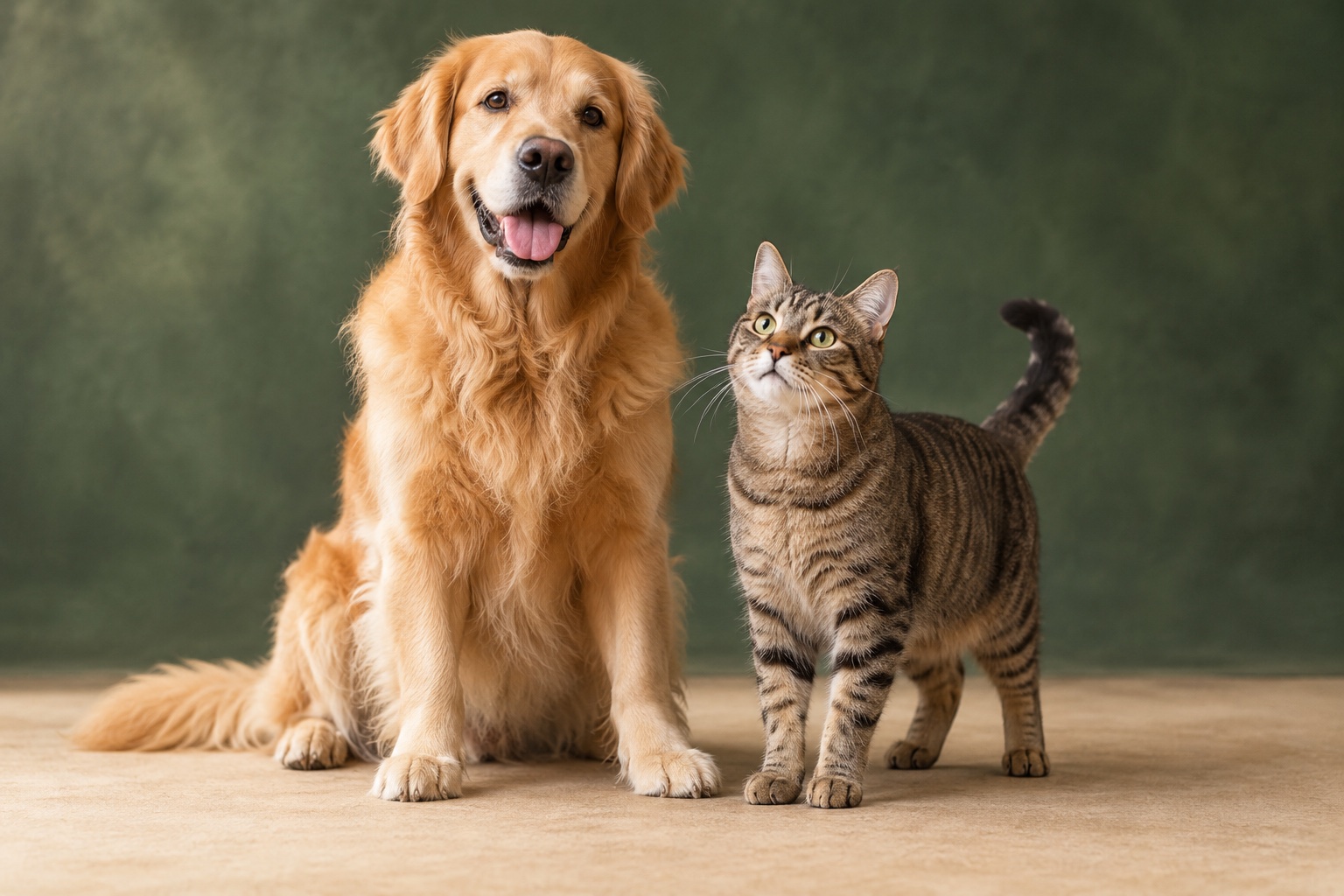 Illustrative golden retriever sitting beside a tabby cat in warm natural light
